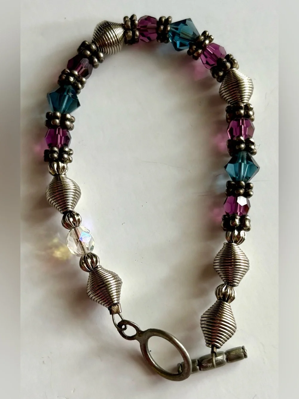 Glass Crystal Beaded Toggle Bracelet Purple Teal AB 7